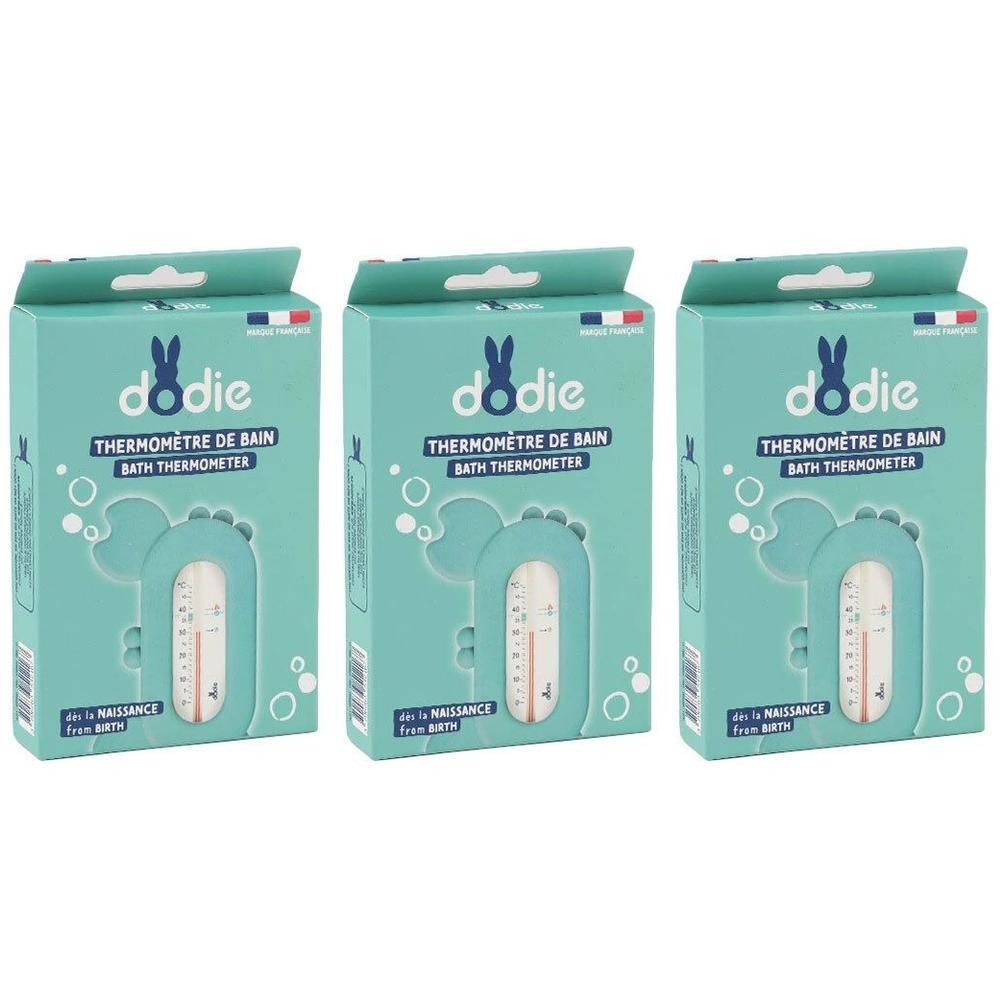 Drie Dodie badthermometers in mintgroene verpakking met krabmotief.