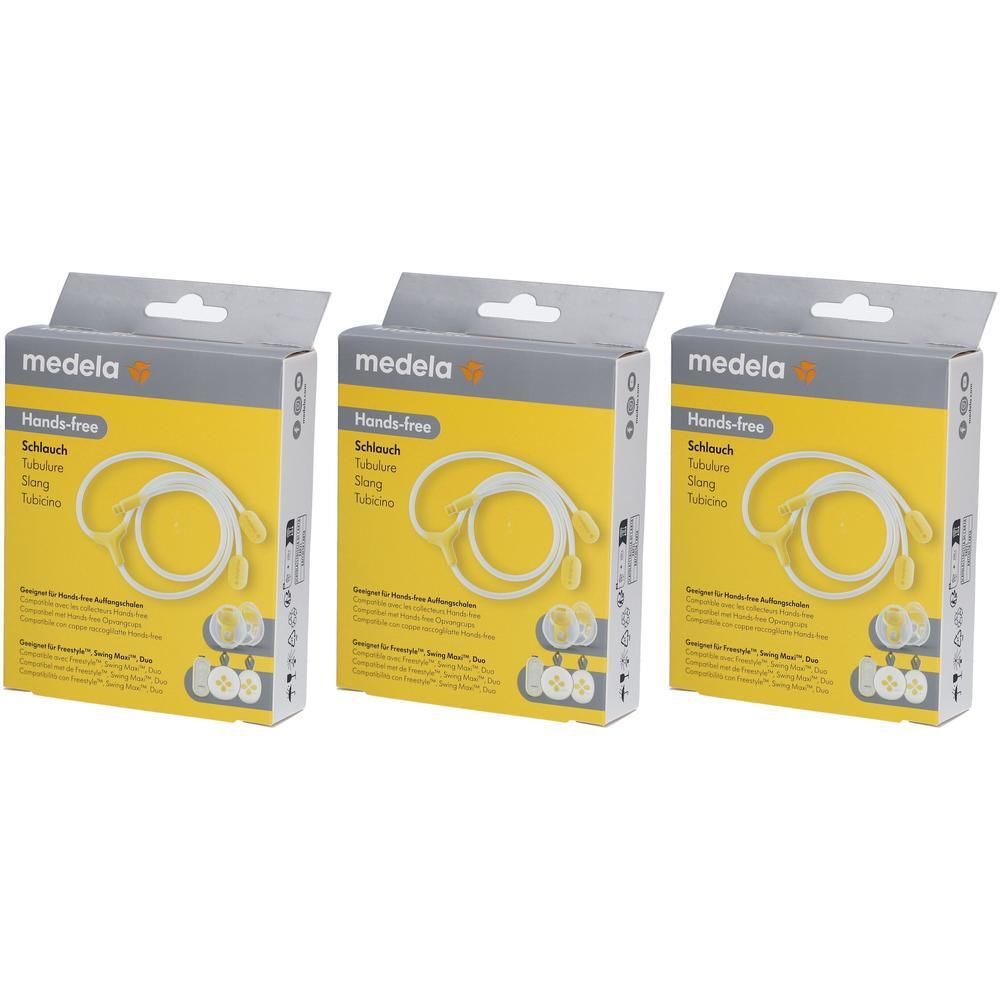Drie Medela Hands-free slangen in gele dozen. Elke verpakking bevat een witte slang en twee kleine gele onderdelen.