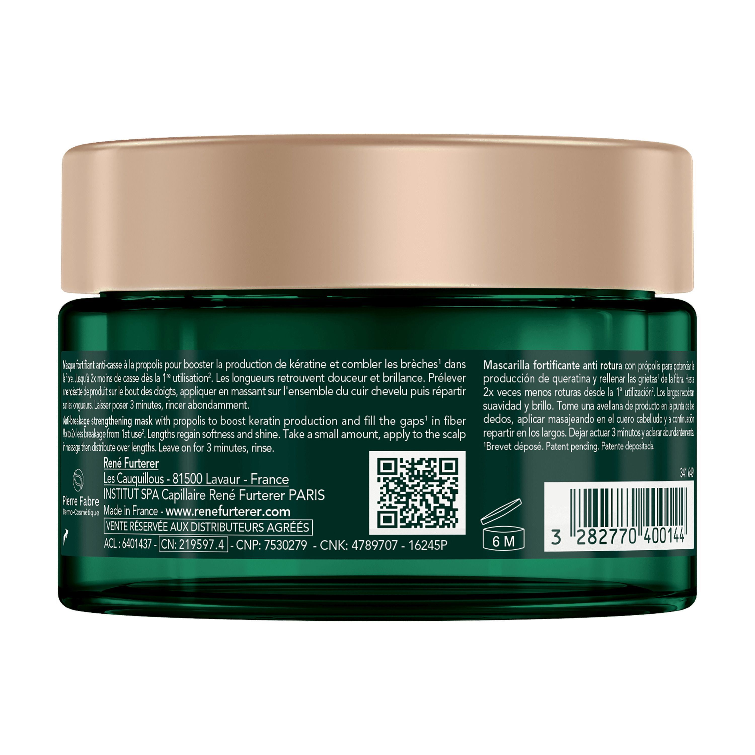 Achterkant van een René Furterer Triphasic Active Grow masker met productinformatie.