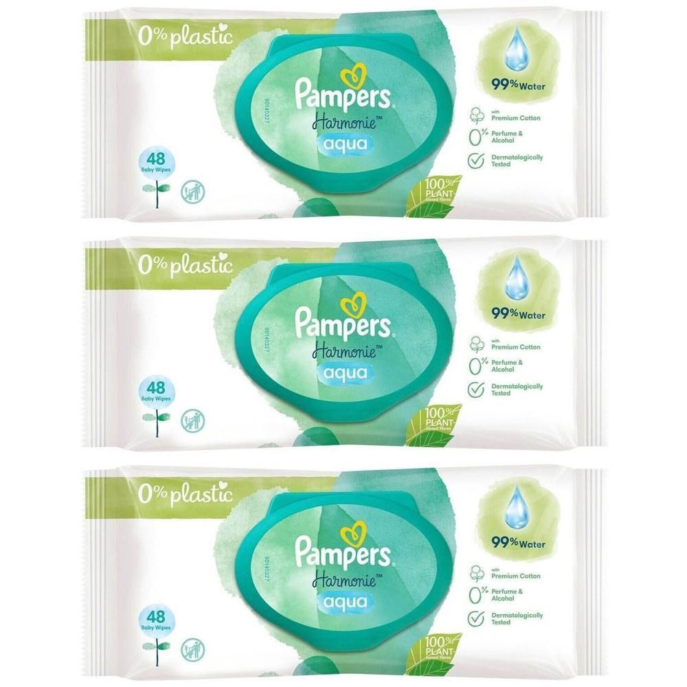 Drie pakken Pampers Harmonie Aqua babydoekjes, 48 doekjes per pak, 0% plastic, 99% water.