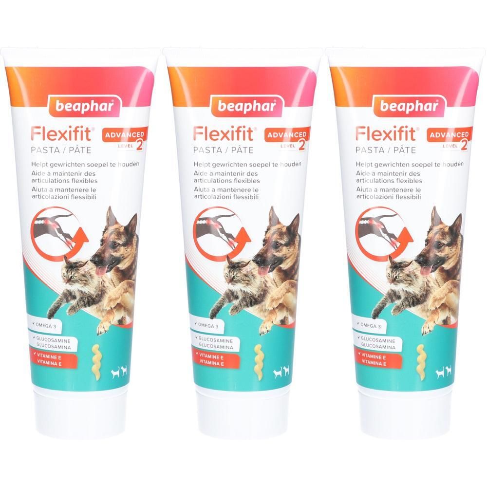 Drie tubes Beaphar Flexifit Pasta voor honden en katten met Omega-3, Glucosamine en Vitamine E.