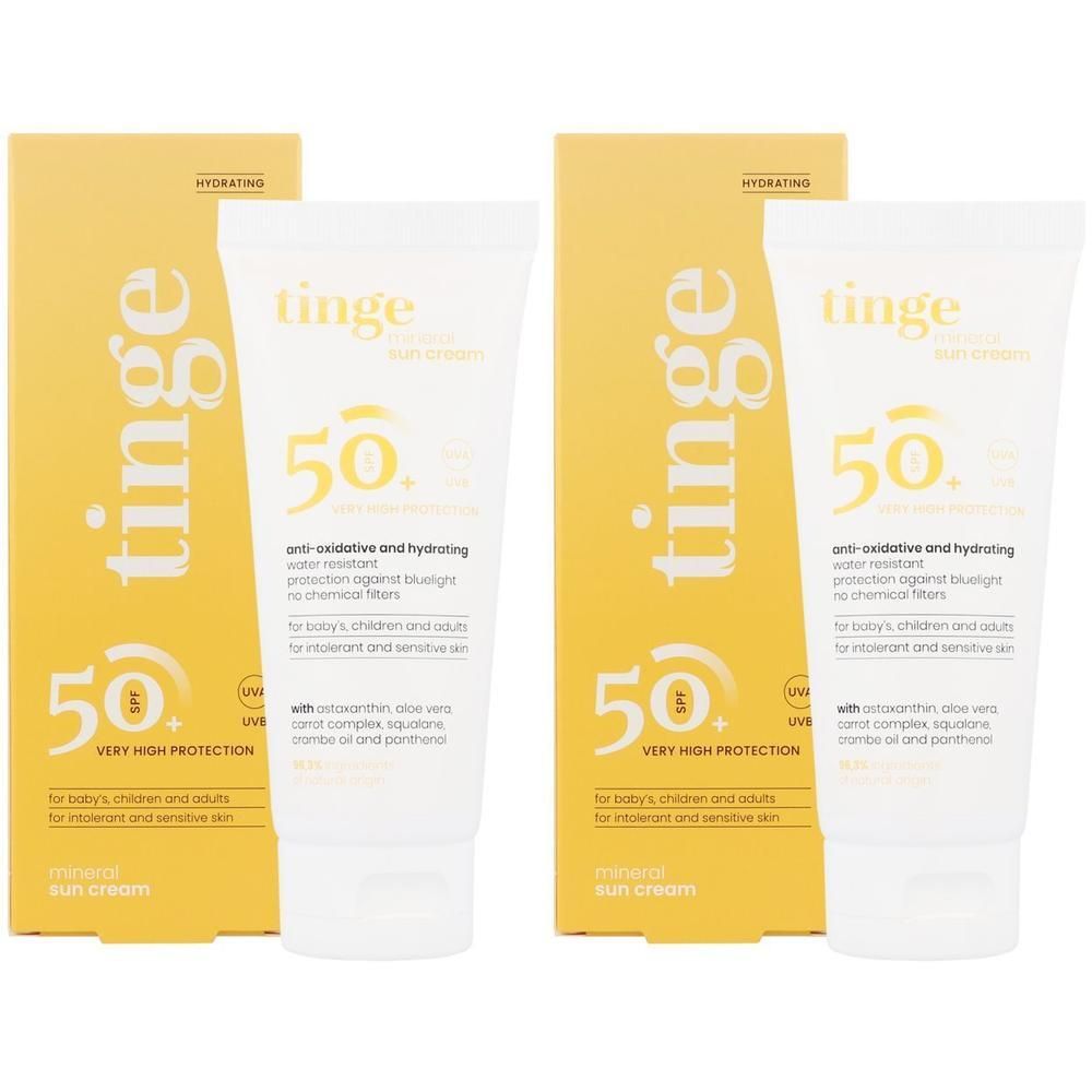Deux tubes de crème solaire minérale Tinge SPF 50+ dans leur emballage jaune. Très haute protection.
