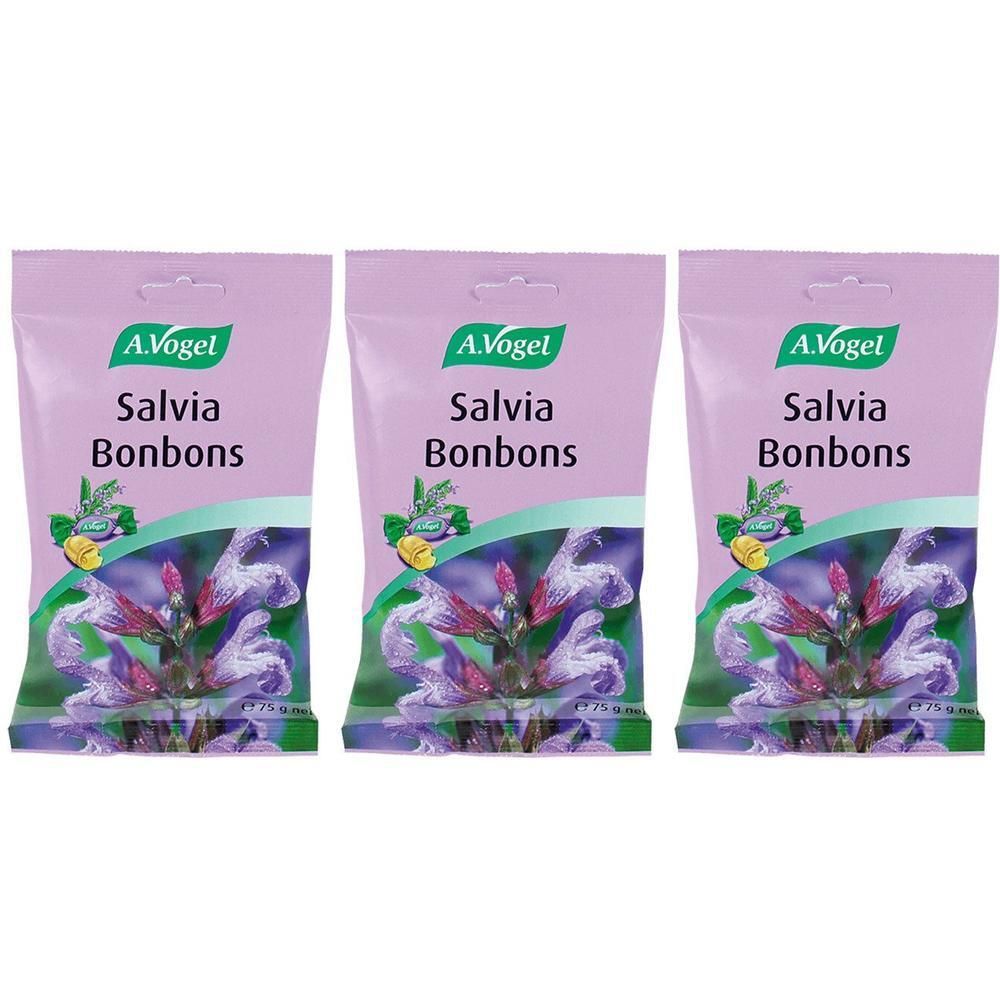 Trois paquets de Bonbons Salvia A.Vogel avec illustration de fleur de sauge.
