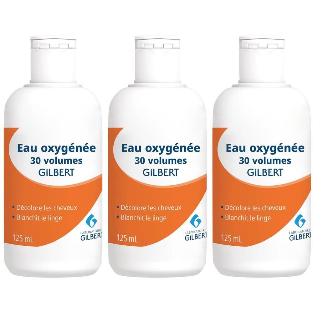 Trois flacons de Gilbert Eau Oxygénée 30 volumes, 125 ml.