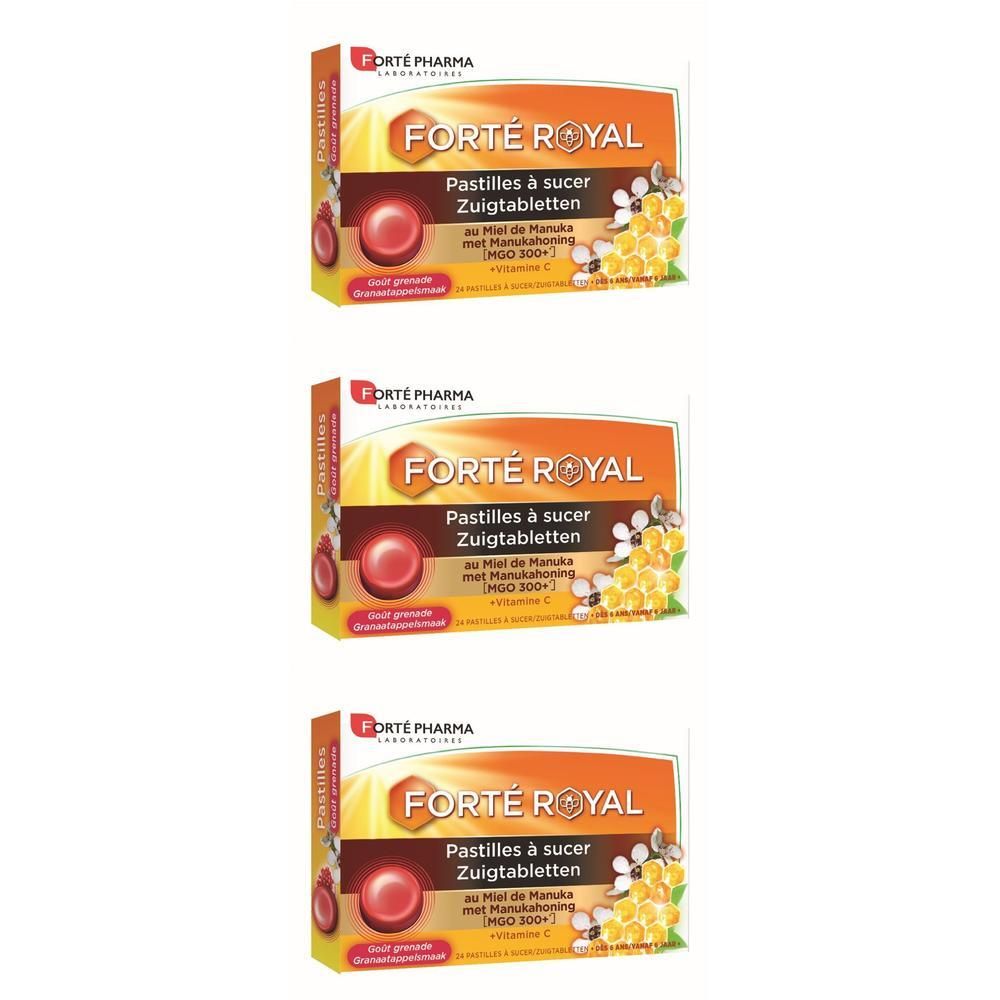 Forté Royal Pastilles: Pastilles à sucer au miel de Manuka et vitamine C. Emballage avec abeilles et rayon de miel.