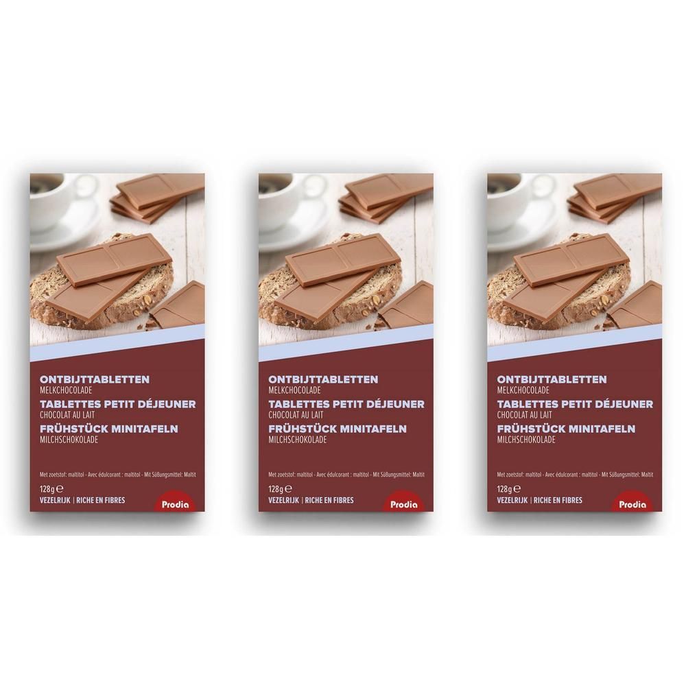 Drie pakken ontbijt mini-tabletten melkchocolade op brood.