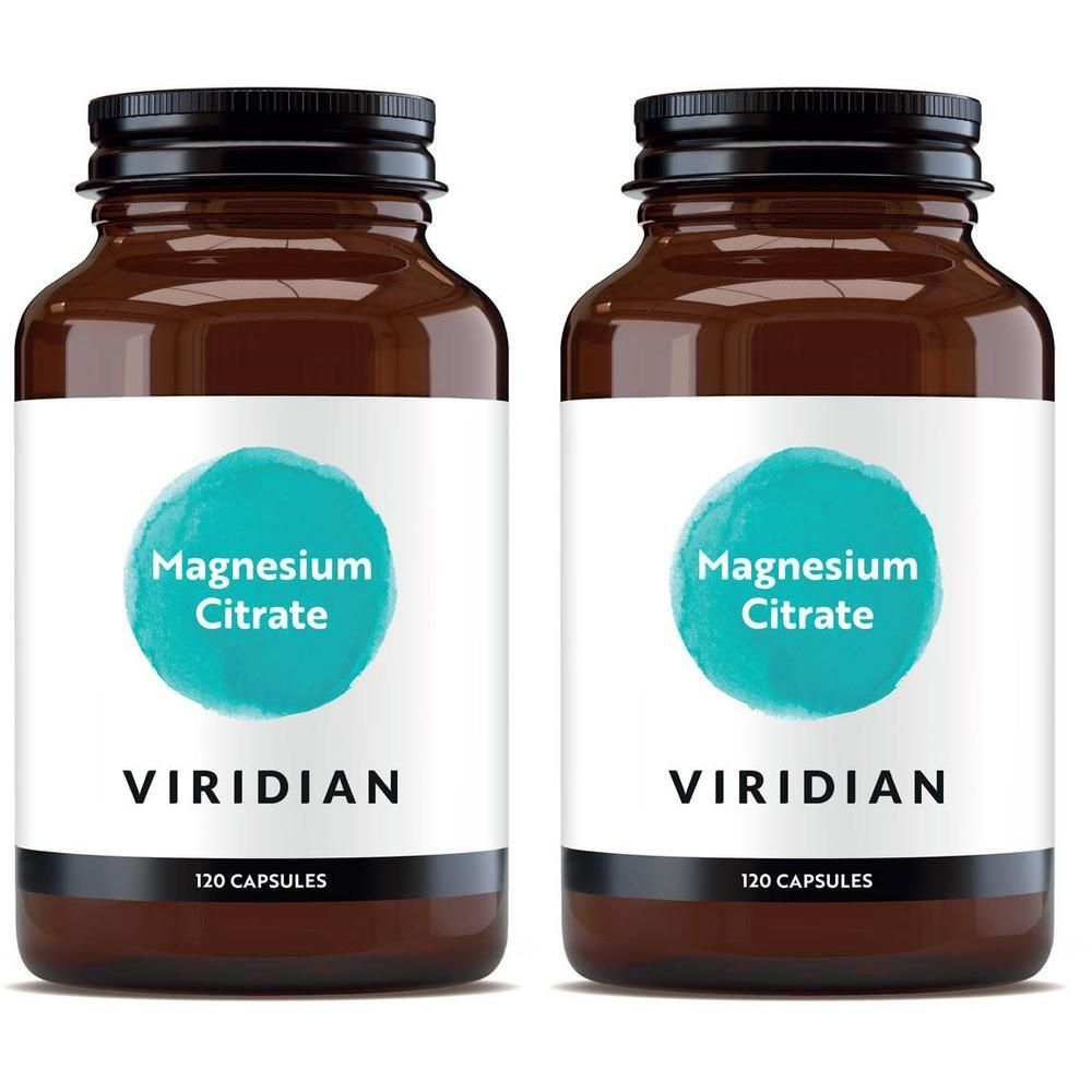 Deux flacons de Viridian Magnesium Citrate, 120 gélules par flacon.