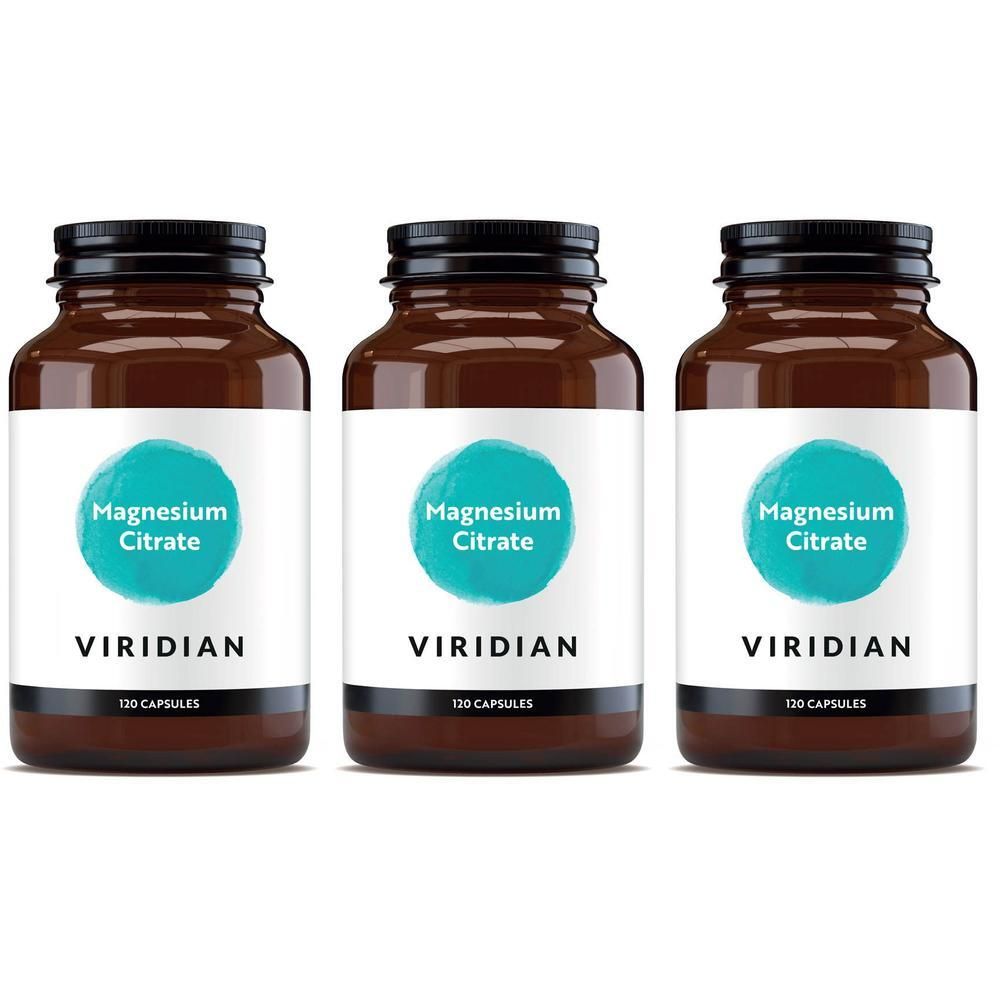 Drie flessen Viridian Magnesium Citrate, elk met 120 capsules.