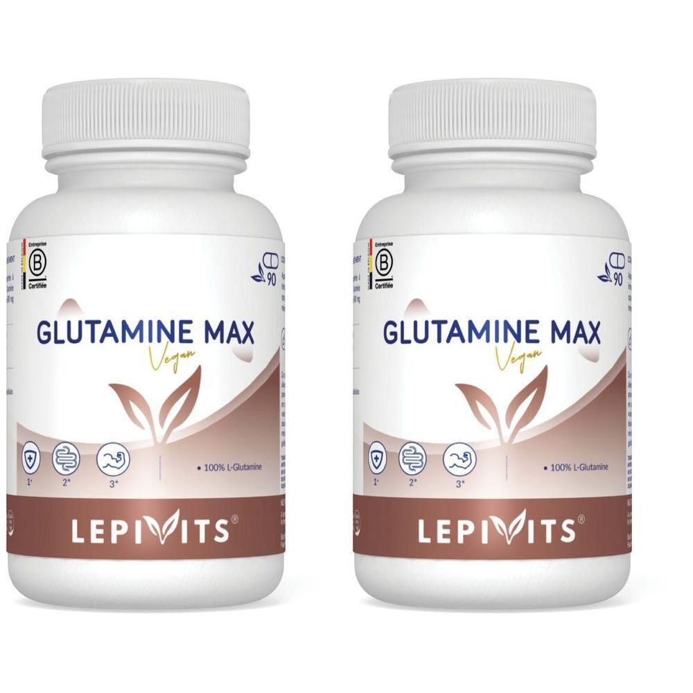 Twee witte potten Lepivits Glutamine Max Vegan. Bevat 90 capsules.