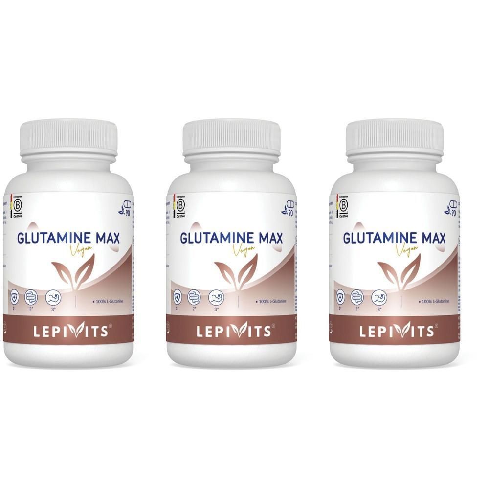 Trois bouteilles de Lepivits Glutamine Max Vegan.
