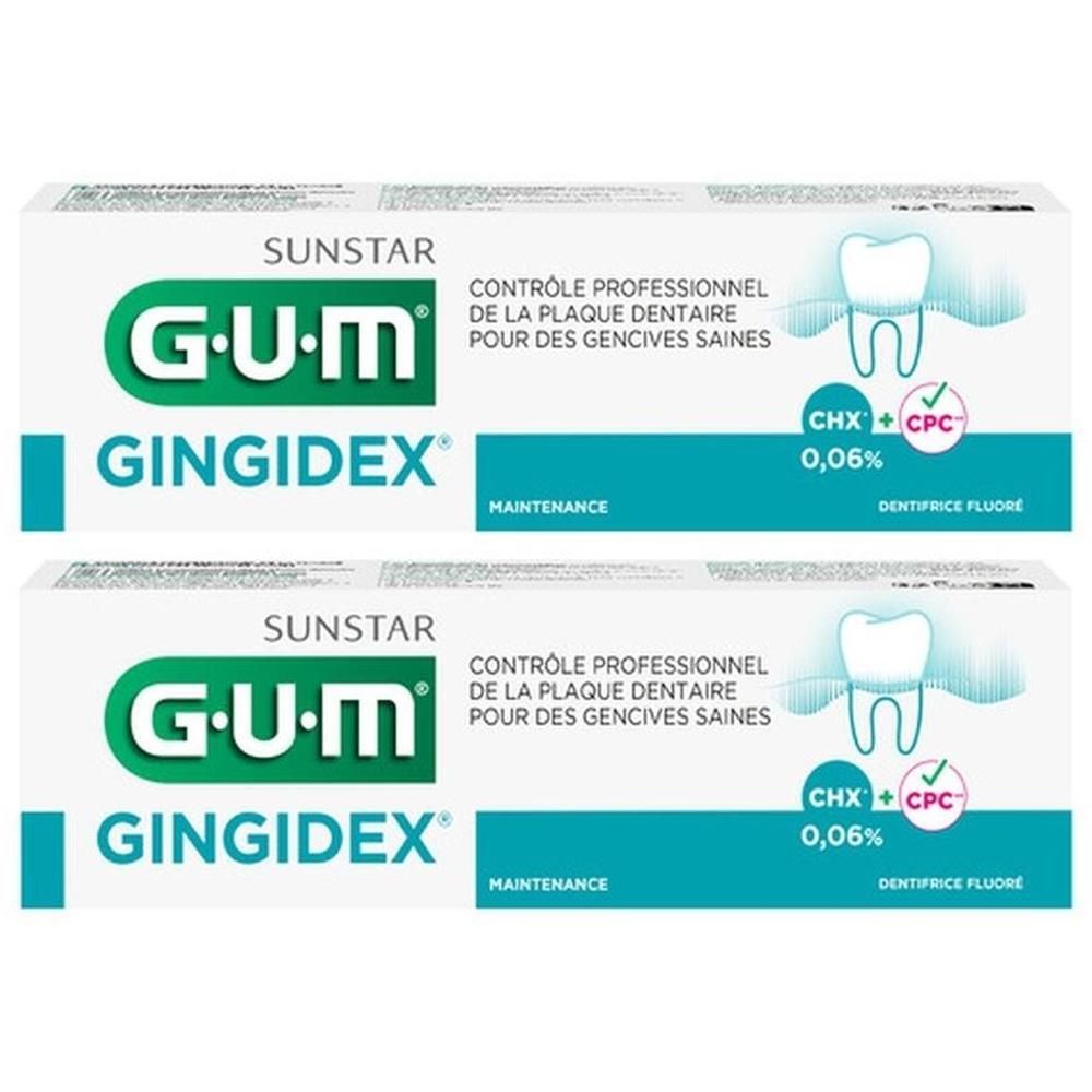 Twee pakken GUM Gingidex tandpasta met 0,06% chloorhexidine voor gezond tandvlees.
