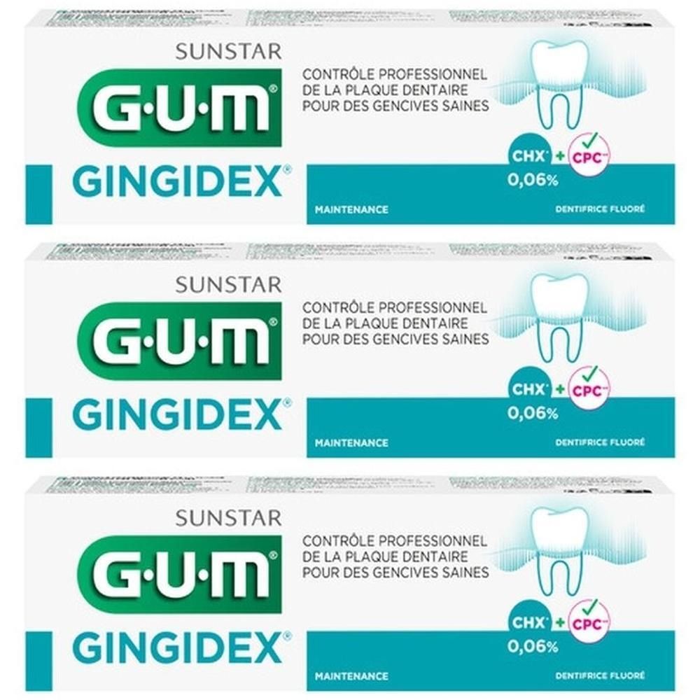 Trois paquets de dentifrice GUM Gingidex 0,06% Chlorhexidine.