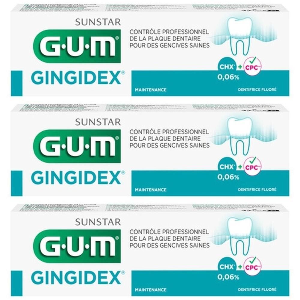 Drie pakken GUM Gingidex tandpasta met 0,06% chloorhexidine.