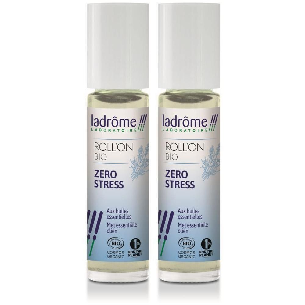 Twee Ladrôme Roll-on Bio Zero Stress flesjes met etherische oliën. COSMOS ORGANIC gecertificeerd.