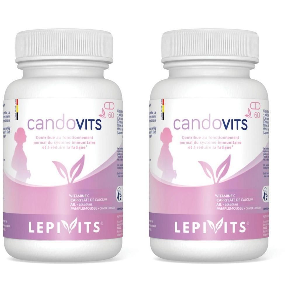 Twee witte potjes met Lepivits CandoVits voedingssupplementen. Elk potje bevat 60 capsules.