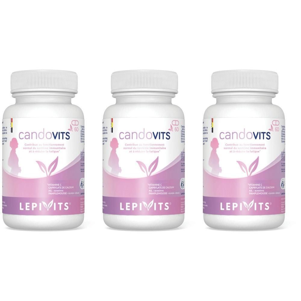 Drie witte potjes met Lepivits CandoVits voedingssupplementen voor zwangere vrouwen.
