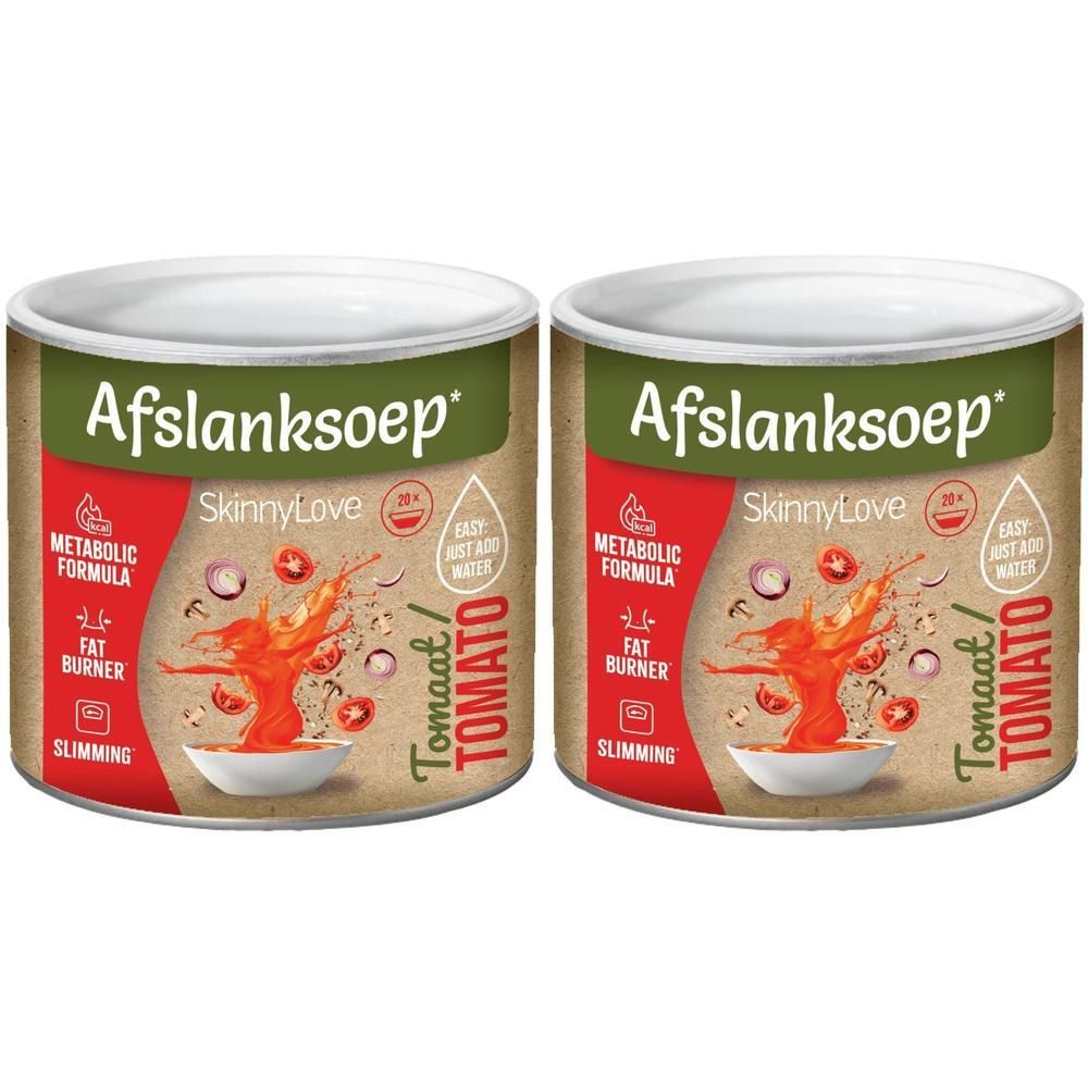 Twee blikken afvalsoep tomaat "SkinnyLove". "Metabolische formule", "Vetverbrander", "Afslanking".