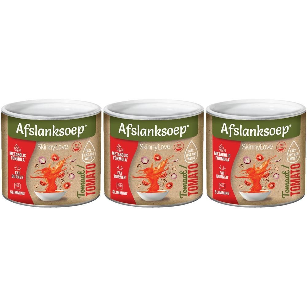 Trois boîtes de soupe minceur tomate avec logo SkinnyLove et symboles amincissants.