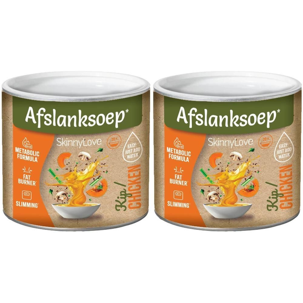 Twee blikken afvalslanksoep met kip smaak. "Afslanksoep" en "SkinnyLove" zijn zichtbaar op het etiket.