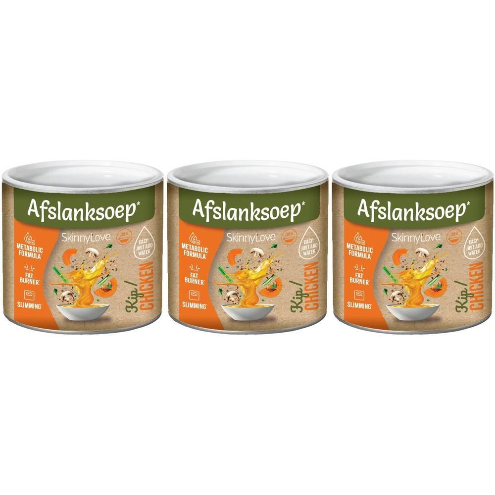 Trois boîtes de SkinnyLove Soupe Minceur Poulet. Les boîtes sont marron avec des accents orange et montrent un bol de soupe.