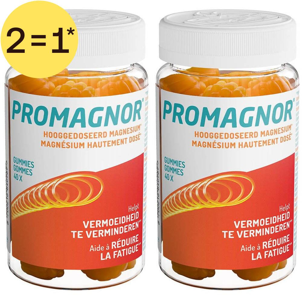 Twee flessen Promagnor® Hooggedoseerd magnesium 150 mg gummies.