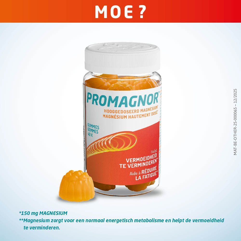 Een fles Promagnor® Hooggedoseerd magnesium 150 mg gummies met een losse gummy ernaast.
