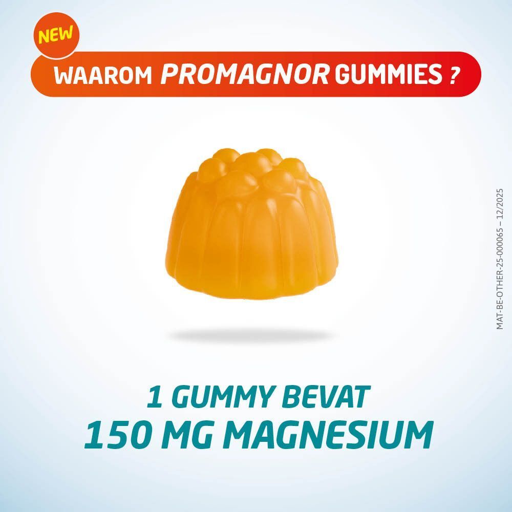 Een hand houdt een Promagnor® gummy vast en wijst naar voordelen zoals 'Hooggedoseerd magnesium'.