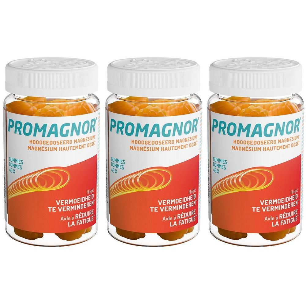 Drie flessen Promagnor® met oranje gummies.