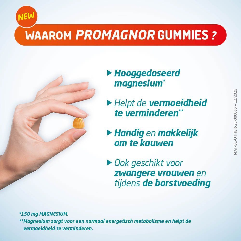 Een enkele oranje gummy, met Promagnor®-logo en tekst.