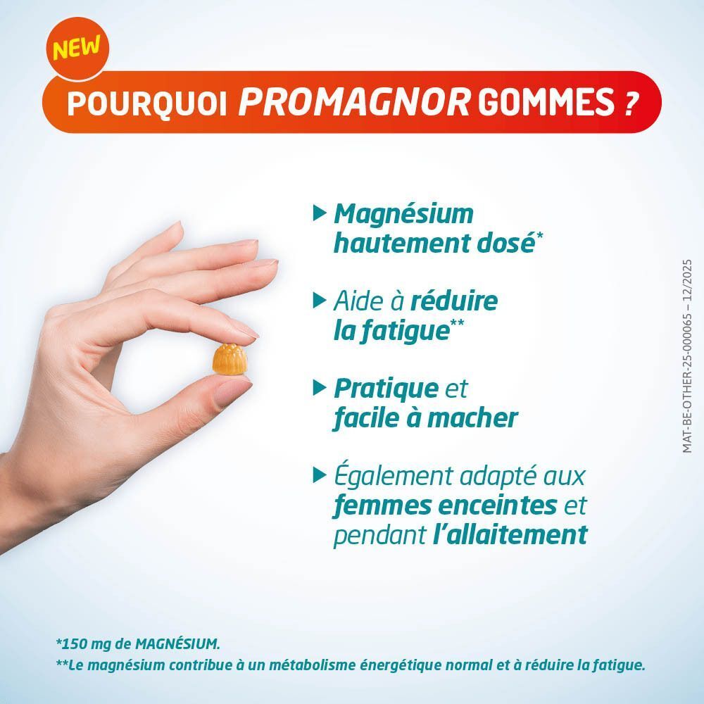 Une main tenant une gomme orange individuelle, liste Promagnor® des avantages.