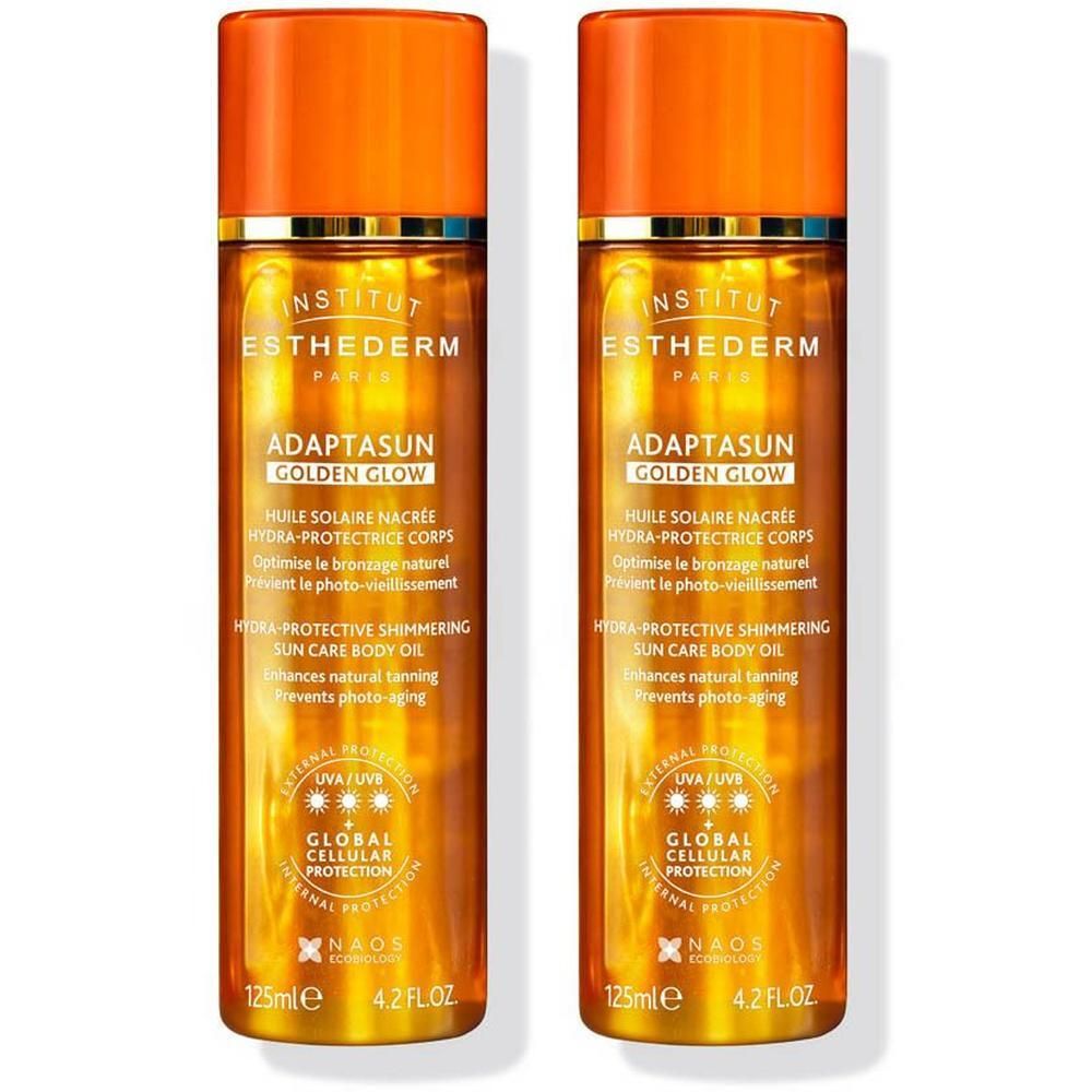 Deux flacons d'Huile Solaire Nacrée Hydra-Protectrice Corps Institut Esthederm Golden Glow.