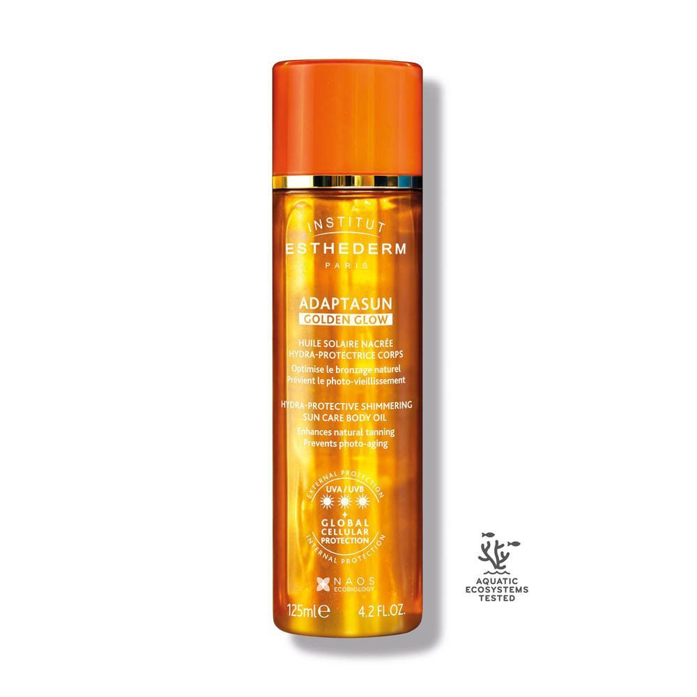 Huile Solaire Nacrée Hydra-Protectrice Corps Institut Esthederm Golden Glow avec sceau 'Aquatic Ecosystems Tested'.