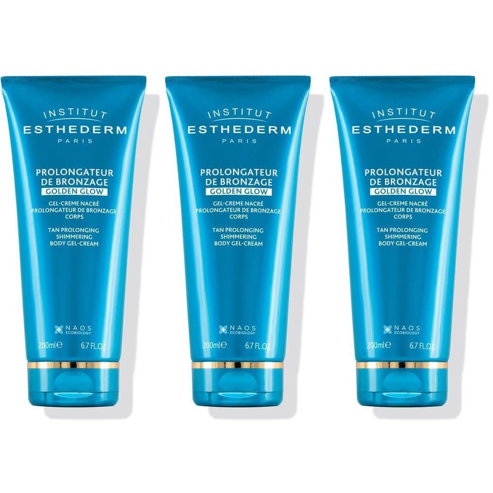 Trois tubes bleus Institut Esthederm Golden Glow Gel-Crème Nacré Prolongateur de Bronzage Corps.