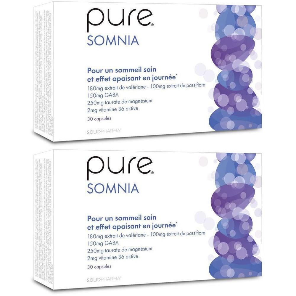 Boîte de 30 gélules Pure Somnia pour un sommeil sain et une journée paisible.