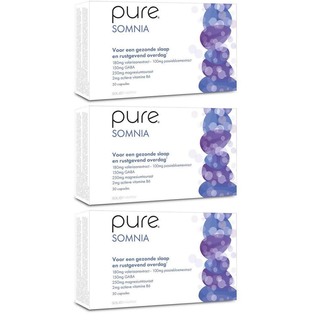Verpakking van 3 dozen Pure Somnia, voor een gezonde slaap en rustgevend overdag.