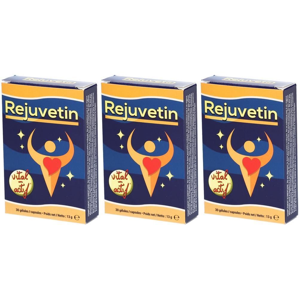 Trois boîtes de Rejuvetin, 30 gélules chacune. Design bleu foncé avec logo jaune et silhouette humaine.