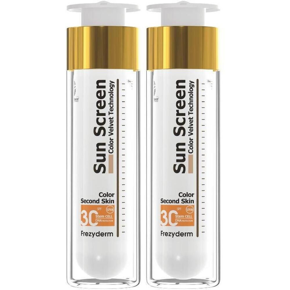 Twee flacons Frezyderm Sun Screen Velvet Color Face SPF30 met gouden doppen.