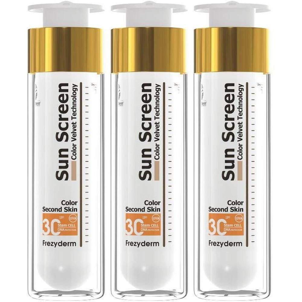 Trois flacons de Frezyderm Sun Screen Velvet Color Face SPF30 avec bouchons dorés et distributeurs blancs.