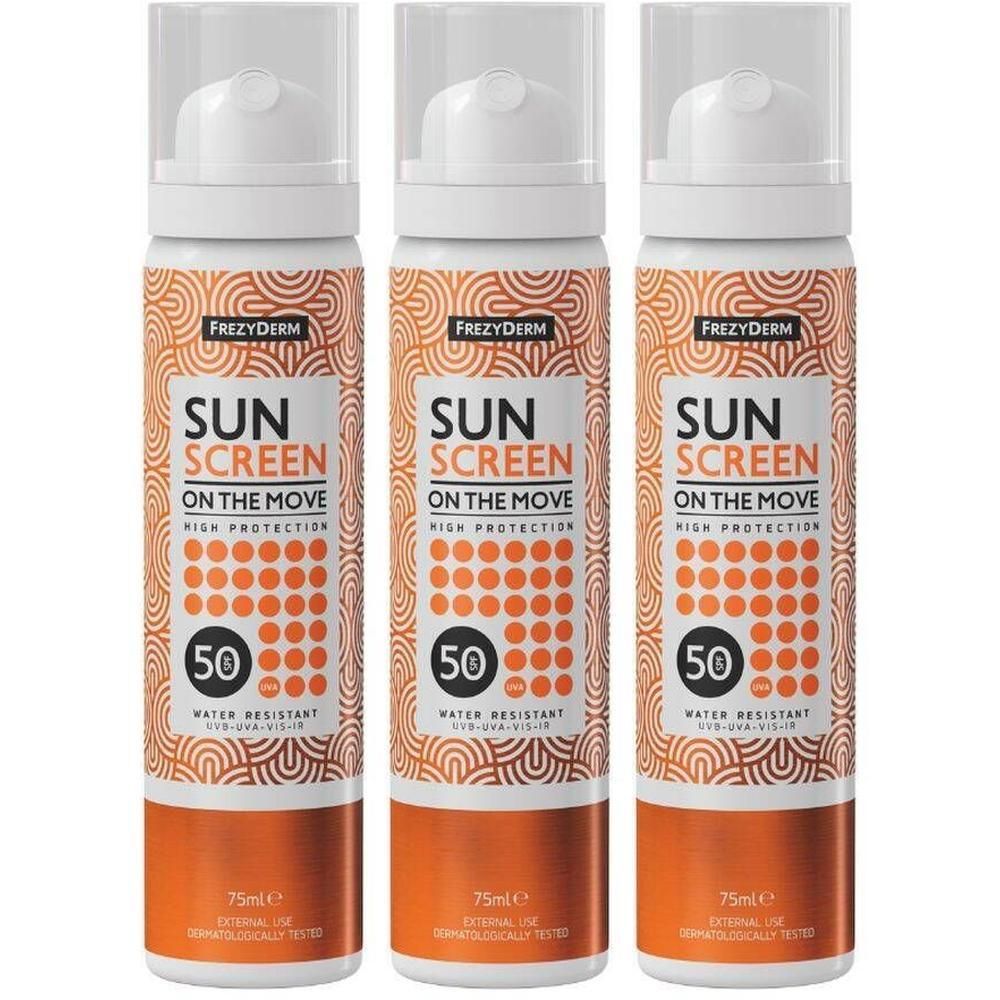 Trois sprays Frezyderm Sun Screen LSF 50, résistants à l'eau.