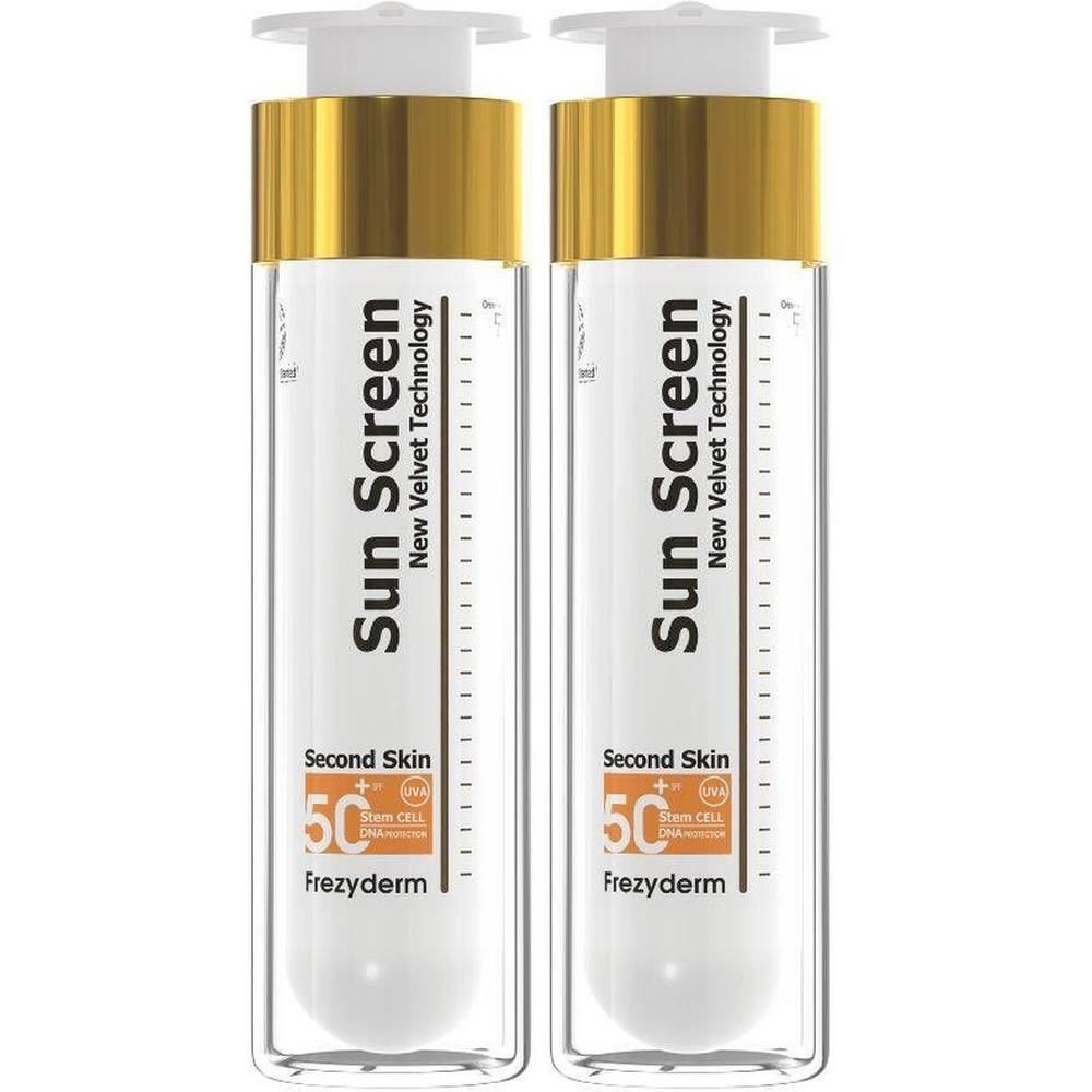 Twee flacons Frezyderm Sun Screen Velvet Face SPF50+ met gouden dop en witte dispenser.