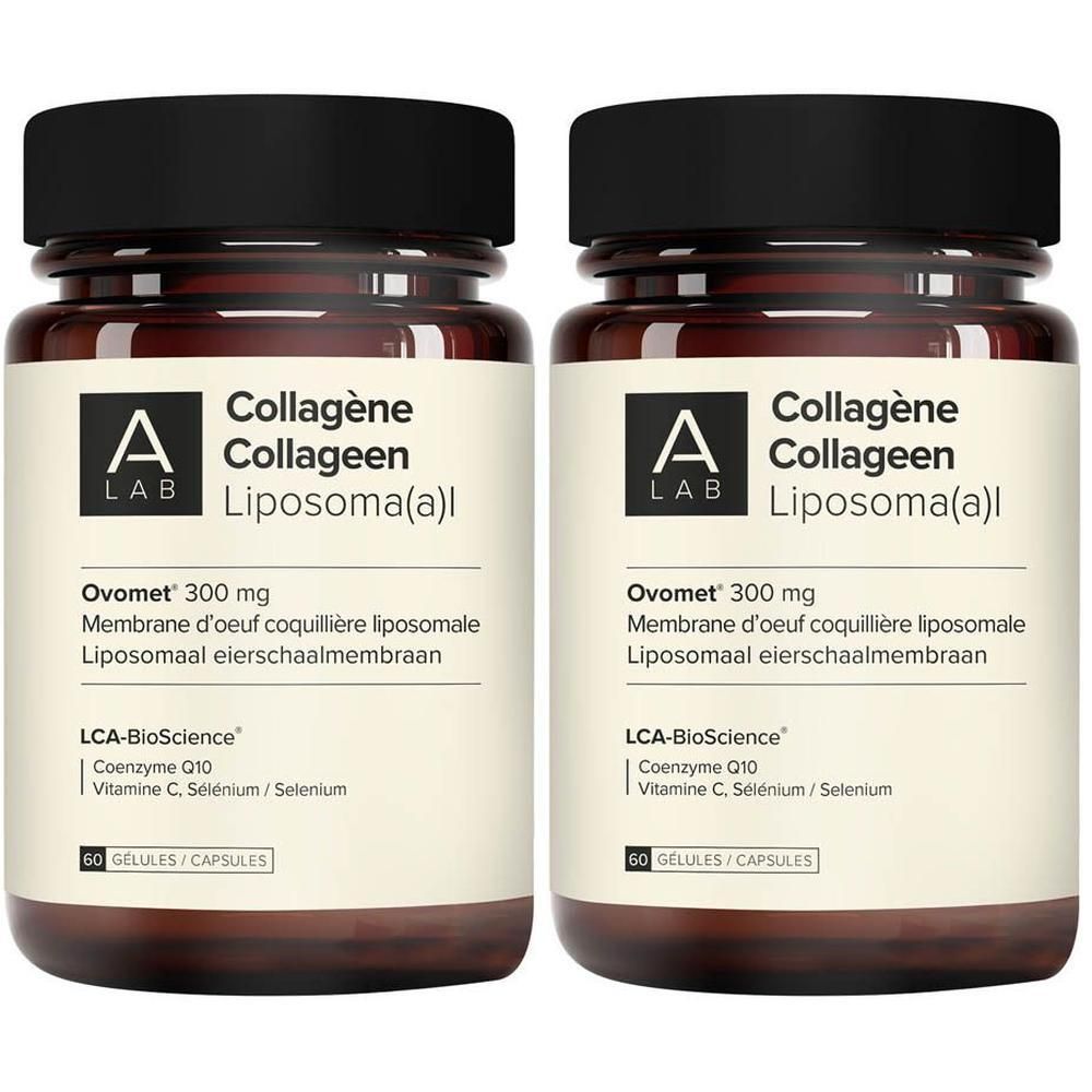 Deux flacons A-LAB Collagène Liposomal, 60 gélules chacun. Contient Ovomet, CoQ10, Vitamine C, Sélénium.