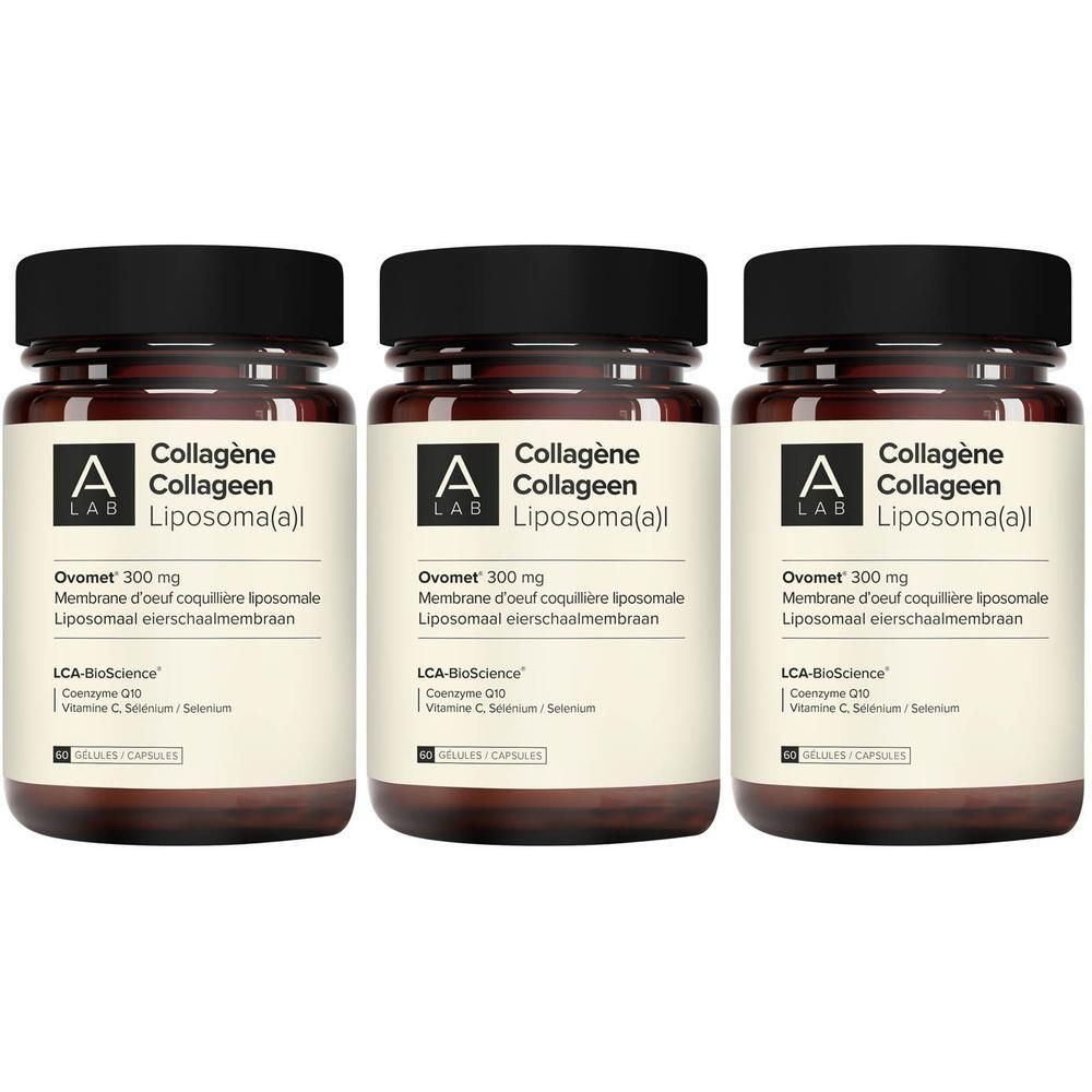 Trois flacons A-Lab Collagène Liposomal avec bouchon noir. Chaque flacon contient 60 capsules.