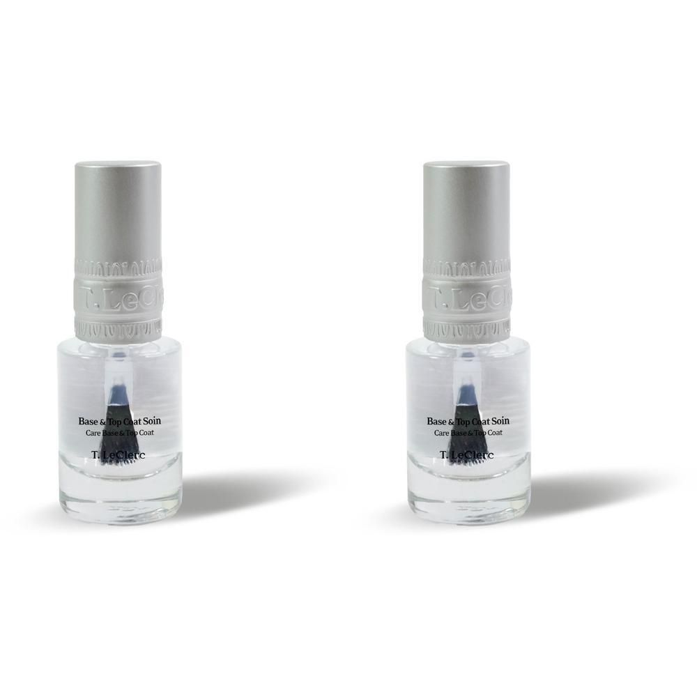 Twee flesjes T.LeClerc nagellak Base en Top Coat met zilveren doppen.