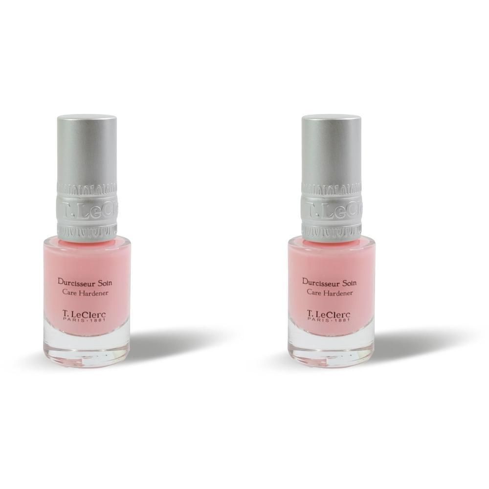 Deux flacons de vernis durcisseur T.LeClerc, contenu rose, bouchons argentés.