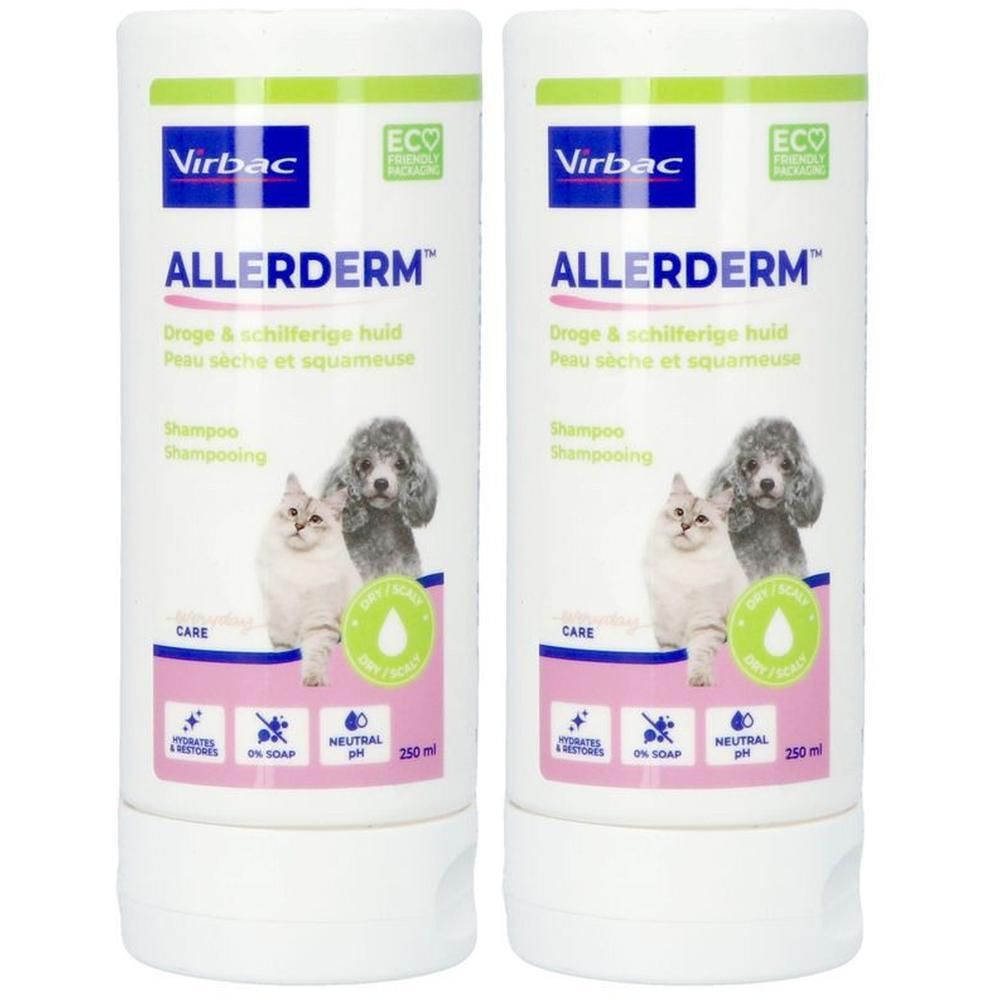 Twee flessen Virbac Allerderm shampoo voor de droge, schilferige huid van huisdieren.