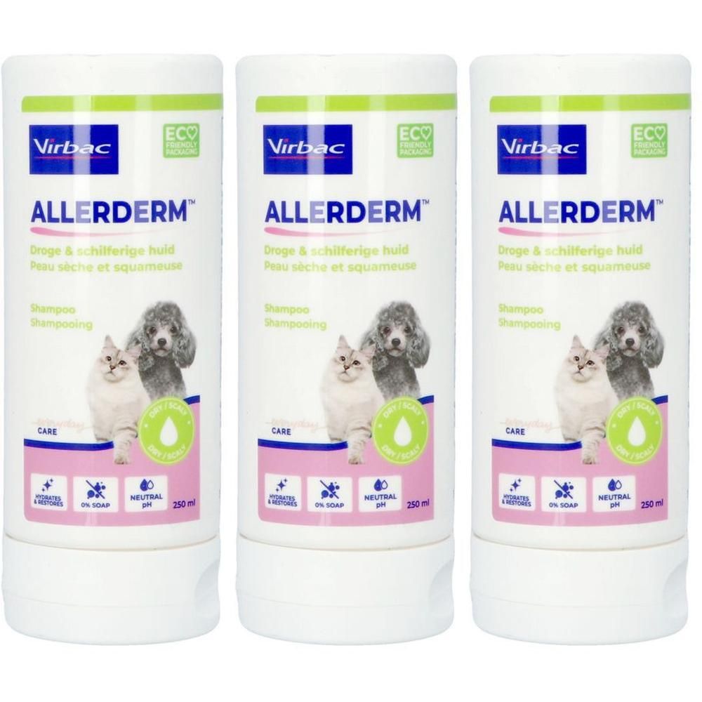 Trois flacons de shampooing Allerderm pour peau sèche et squameuse chez chiens et chats.