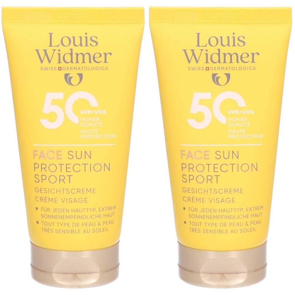 Twee gele tubes Louis Widmer Face Sun Protection Sport SPF50.