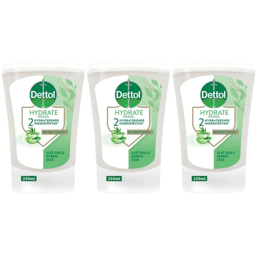 Trois recharges de savon pour les mains Dettol Hydrate, 250ml chacune.