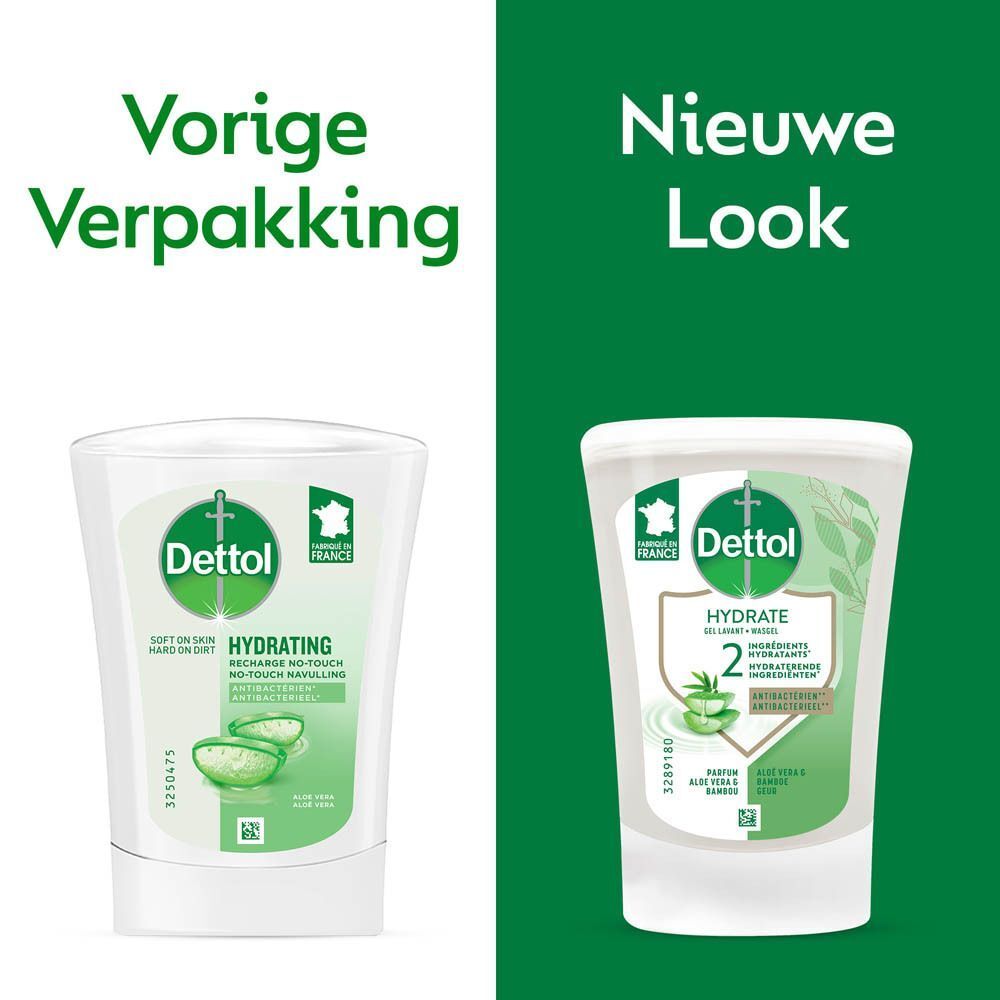 Vergelijking van oude en nieuwe verpakking van Dettol Hydrating handzeep.