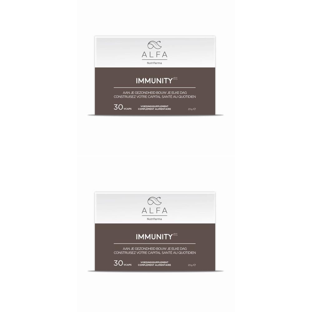 Deux boîtes Alfa Immunity, chacune contenant 30 capsules.